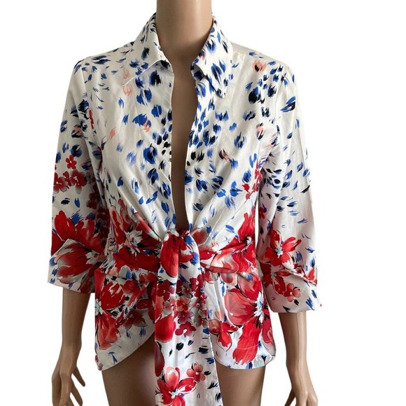 Floral Tie-Front Blouse - Red and Blue - Picture 5 of 10